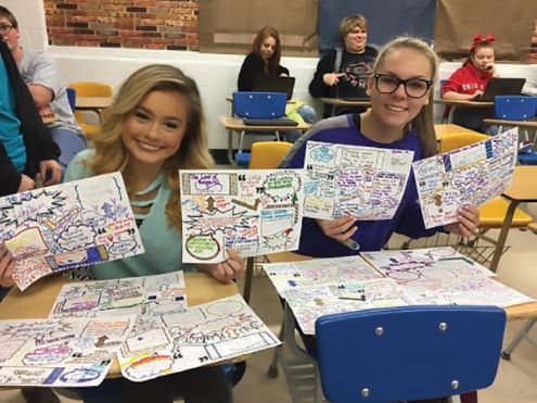 Two girls show their sketchnotes