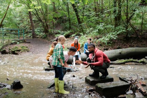 A science teacher and his students example water samples along a creek.