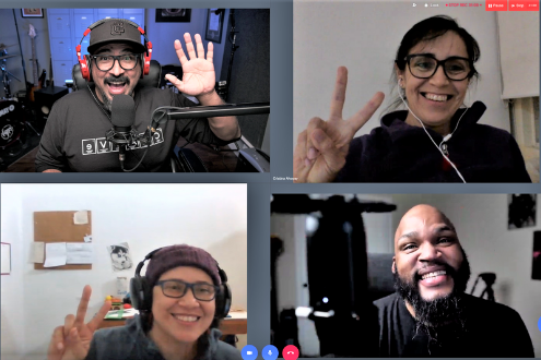 four conference attendees on a video call greet each other