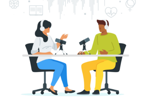 graphic illustration of a podcaster interviewing another person