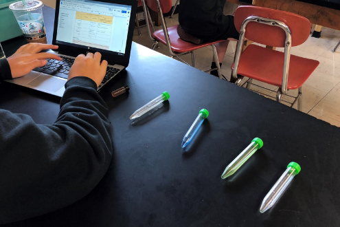 a student enters data from a water sampling project