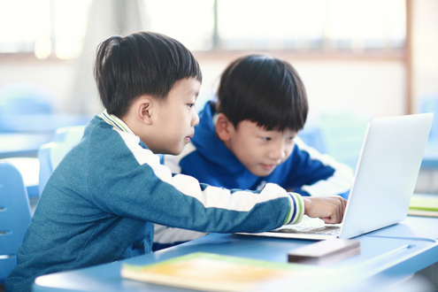 Two boys sit next to each other at a desk looking joyfully at a computer screen.